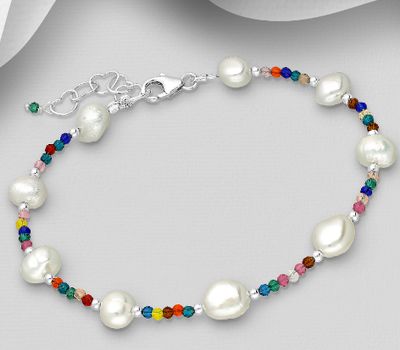 Şəkli böyütmək üçün tiklayın 925 Sterling Silver Bracelet, Beaded with Colorful Crystal Glass and Freshwater Pearls