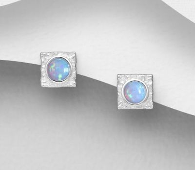 925 Sterling Silver Square Push-Back Earrings, Decorated with Lab-Created Opal