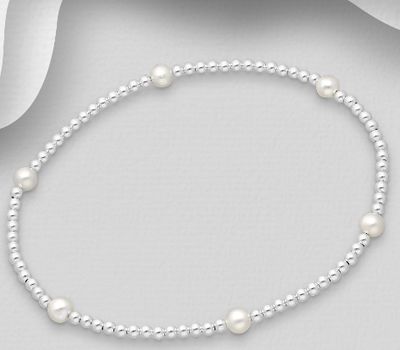 925 Sterling Silver Elastic Bracelet, Beaded With Fresh Water Pearls
