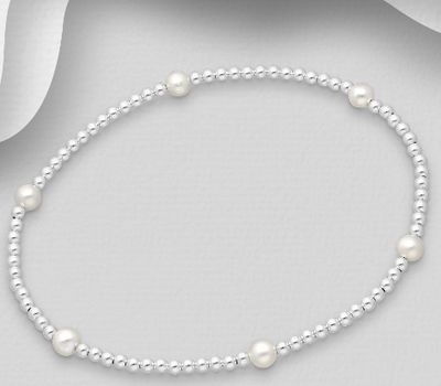 Şəkli böyütmək üçün tiklayın 925 Sterling Silver Elastic Bracelet, Beaded With Fresh Water Pearls