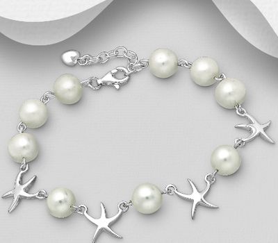 Şəkli böyütmək üçün tiklayın 925 Sterling Silver Starfish Bracelet Beaded with Freshwater Pearls