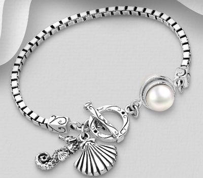 925 Sterling Silver Oxidized Bracelet, Featuring Seahorse and Shell Design, Decorated with Freshwater Pearl