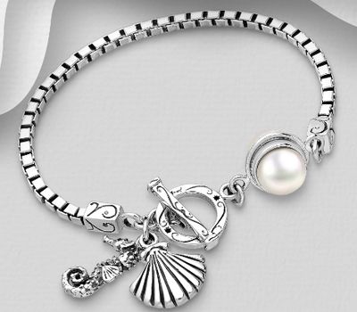 Şəkli böyütmək üçün tiklayın 925 Sterling Silver Oxidized Bracelet, Featuring Seahorse and Shell Design, Decorated with Freshwater Pearl