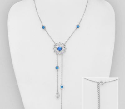 925 Sterling Silver Flower Y-Drop Necklace, Decorated with CZ Simulated Diamonds and Lab-Created Opal