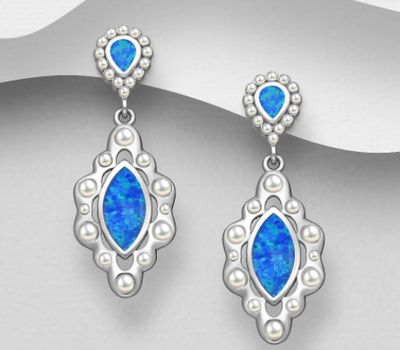 Şəkli böyütmək üçün tiklayın 925 Sterling Silver Marquise Push-Back Earrings, Decorated with Lab-Created Opal and Simulated Pearls