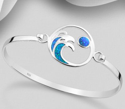 925 Sterling Silver Wave Bracelet Decorated with Lab-Created Opal