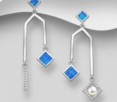Şəkli böyütmək üçün tiklayın 925 Sterling Silver Rhombus Push-Back Earrings, Decorated with Freshwater Pearl and Lab-Created Opal