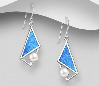 Şəkli böyütmək üçün tiklayın 925 Sterling Silver Geometric Hook Earrings, Decorated with Freshwater Pearls and Lab-Created Opal