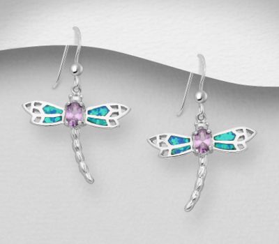 925 Sterling Silver Dragonfly Hook Earrings Decorated with CZ Simulated Diamonds & Lab-Created Opal