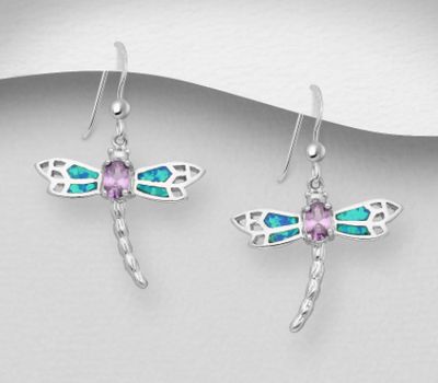 Şəkli böyütmək üçün tiklayın 925 Sterling Silver Dragonfly Hook Earrings Decorated with CZ Simulated Diamonds & Lab-Created Opal