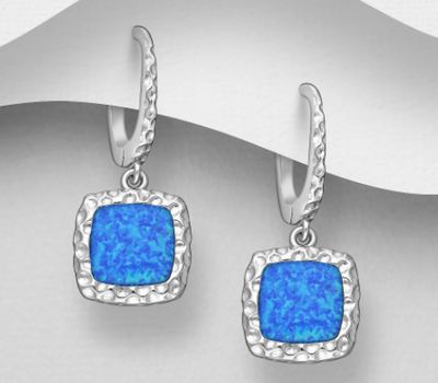 925 Sterling Silver Square Omega Lock Earrings, Decorated with Lab-Created Opal
