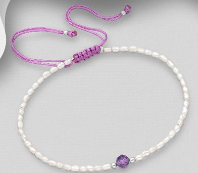 925 Sterling Silver Adjustable Bracelet Beaded with Freshwater Pearls and Gemstone Beads