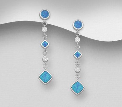 Şəkli böyütmək üçün tiklayın 925 Sterling Silver Push-Back Earrings, Featuring Circle and Rhombus Design, Decorated with CZ Simulated Diamonds and Lab-Created Opal