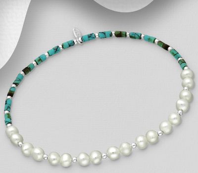 Şəkli böyütmək üçün tiklayın 925 Sterling Silver Elastic Bracelet, Beaded with Azurite and Freshwater Pearls