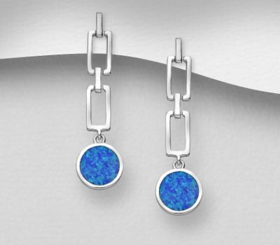 925 Sterling Silver Links Push-Back Earrings, Decorated with Lab-Created Opal