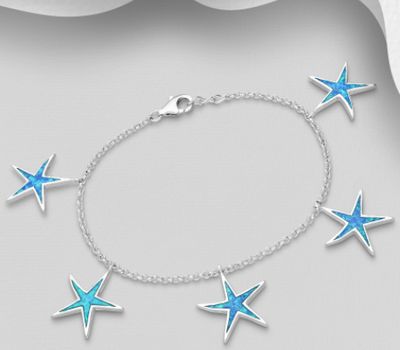 Şəkli böyütmək üçün tiklayın 925 Sterling Silver Bracelet Featuring Starfish Decorated With Lab-Created Opal