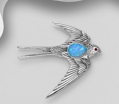 925 Sterling Silver Bird Brooch, Decorated with CZ Simulated Diamonds and Lab-Created Opal