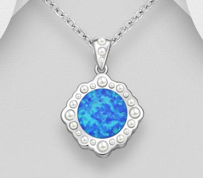 925 Sterling Silver Pendant, Decorated with Lab-Created Opal and Simulated Pearls