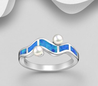 Şəkli böyütmək üçün tiklayın 925 Sterling Silver Wavy Ring, Decorated with Freshwater Pearls and Lab-Created Opal
