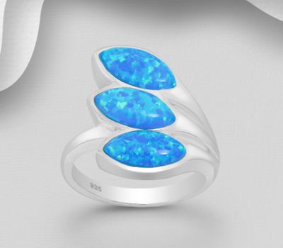 925 Sterling Silver Ring, Decorated with Lab-Created Opal