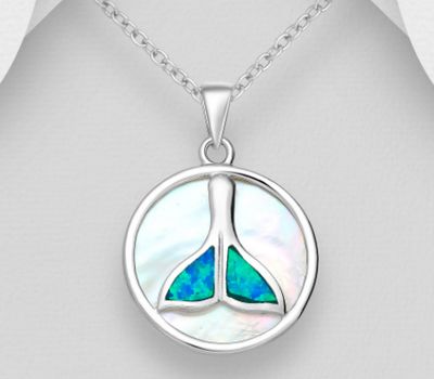 925 Sterling Silver Whale Tail Pendant Decorated With Lab-Created Opal and Shell