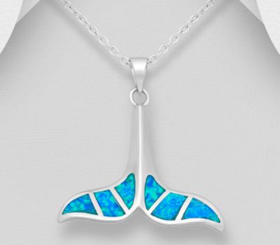925 Sterling Silver Whale Tail Pendant Decorated With Lab-Created Opal