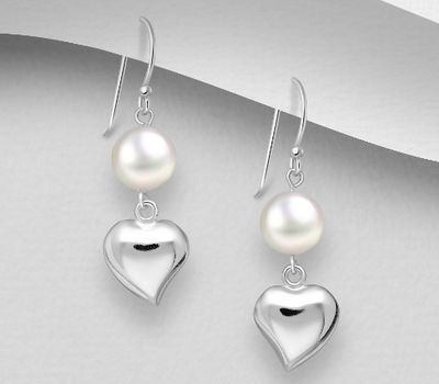 925 Sterling Silver Heart Hook Earrings Decorated With Fresh Water Pearls