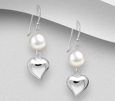 Şəkli böyütmək üçün tiklayın 925 Sterling Silver Heart Hook Earrings Decorated With Fresh Water Pearls