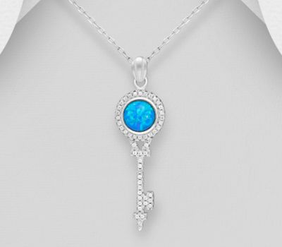 Şəkli böyütmək üçün tiklayın 925 Sterling Silver Key Pendant Decorated With CZ and Lab-Created Opal