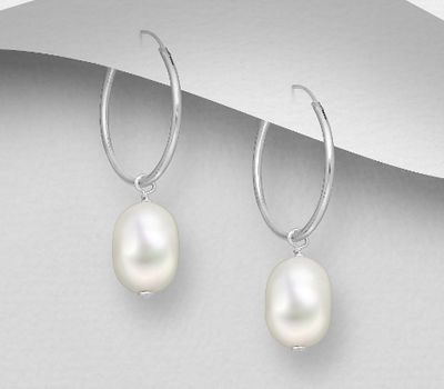 Şəkli böyütmək üçün tiklayın 925 Sterling Silver Hoop Earrings, Beaded with Freshwater Pearls