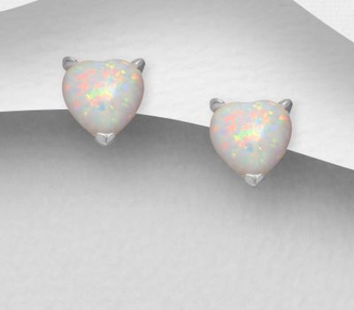 Şəkli böyütmək üçün tiklayın 925 Sterling Silver Heart Push-Back Earrings, Decorated with Lab-Created Opal
