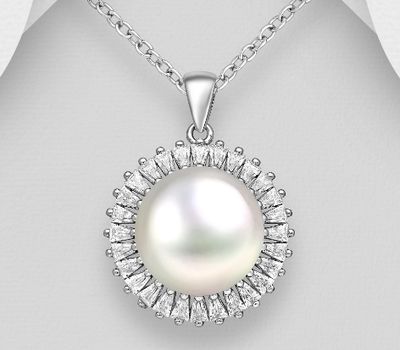 925 Sterling Silver Pendant, Decorated with CZ Simulated Diamonds and Freshwater Pearl