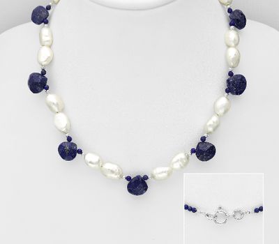 925 Sterling Silver Beaded Necklace, Beaded with Freshwater Pearl and Lapis Lazuli