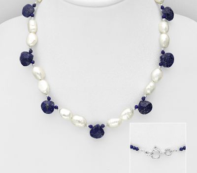 Şəkli böyütmək üçün tiklayın 925 Sterling Silver Beaded Necklace, Beaded with Freshwater Pearl and Lapis Lazuli