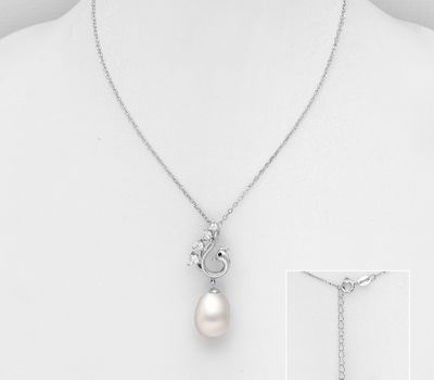 925 Sterling Silver Peacock Necklace, Decorated with CZ Simulated Diamonds and FreshWater Pearl