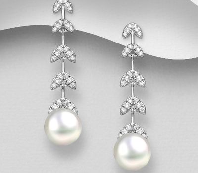 925 Sterling Silver Leaf Push-Back Earrings, Decorated with CZ Simulated Diamonds and Freshwater Pearls