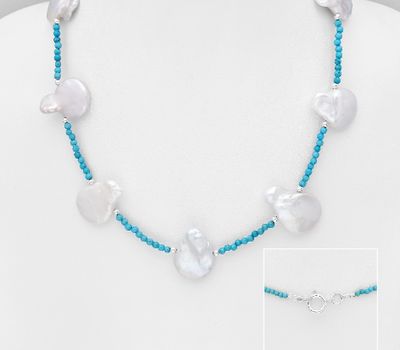 925 Sterling Silver Beaded Necklace, Beaded with Freshwater Pearls, Gemstone Beads and Reconstructed Sky-Blue Turquoise