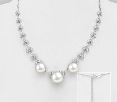 925 Sterling Silver Leaf Necklace, Decorated With CZ Simulated Diamonds and FreshWater Pearls