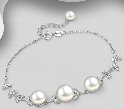 925 Sterling Silver Adjustable Leaf Bracelet, Decorated with CZ Simulated Diamonds and Freshwater Pearls