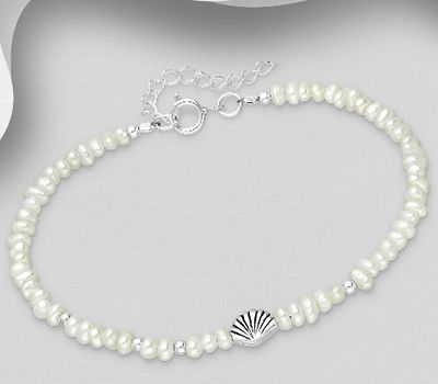 925 Sterling Silver Adjustable Oxidized Shell Bracelet, Beaded with Freshwater Pearls