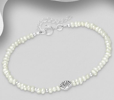 Malın səhifəsinə keç 925 Sterling Silver Adjustable Oxidized Shell Bracelet, Beaded with Freshwater Pearls
