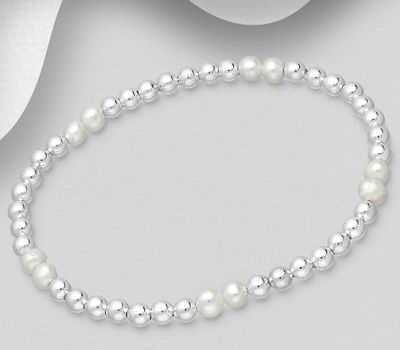 925 Sterling Silver Elastic Ball Bracelet, Beaded with Freshwater Pearls
