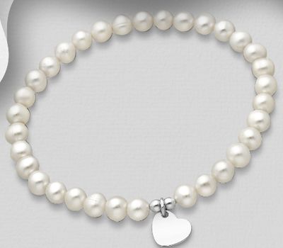 925 Sterling Silver Elastic Heart Bracelet Beaded with Freshwater Pearls