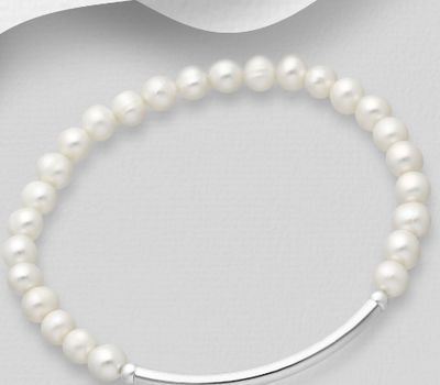 Şəkli böyütmək üçün tiklayın 925 Sterling Silver Curved Bar Elastic Bracelet Beaded with Freshwater Pearls