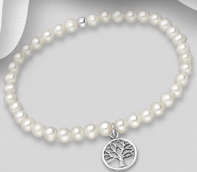 925 Sterling Silver Tree Of Life Stretch Bracelet Decorated With Fresh Water Pearls