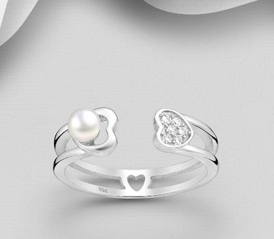 925 Sterling Silver Adjustable Heart Ring, Decorated with CZ Simulated Diamonds and Freshwater Pearl