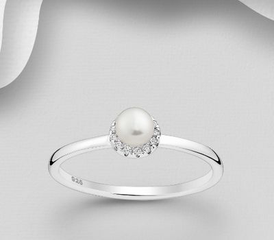 925 Sterling Silver Ring, Decorated with CZ Simulated Diamonds and Freshwater Pearl