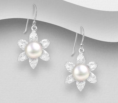 925 Sterling Silver Flower Hook Earrings, Decorated with Freshwater Pearls