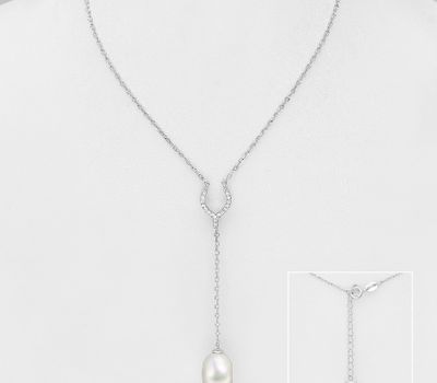 925 Sterling Silver Wishbone Necklace, Decorated with CZ Simulated Diamonds and Freshwater Pearl
