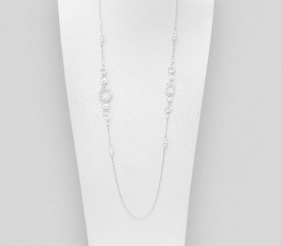 925 Sterling Silver Circle & Rectangle Necklace Beaded With Fresh Water Pearls
